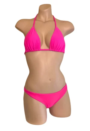 Low rise, sporty bikini bottoms and triangle bikini top in hot pink front view