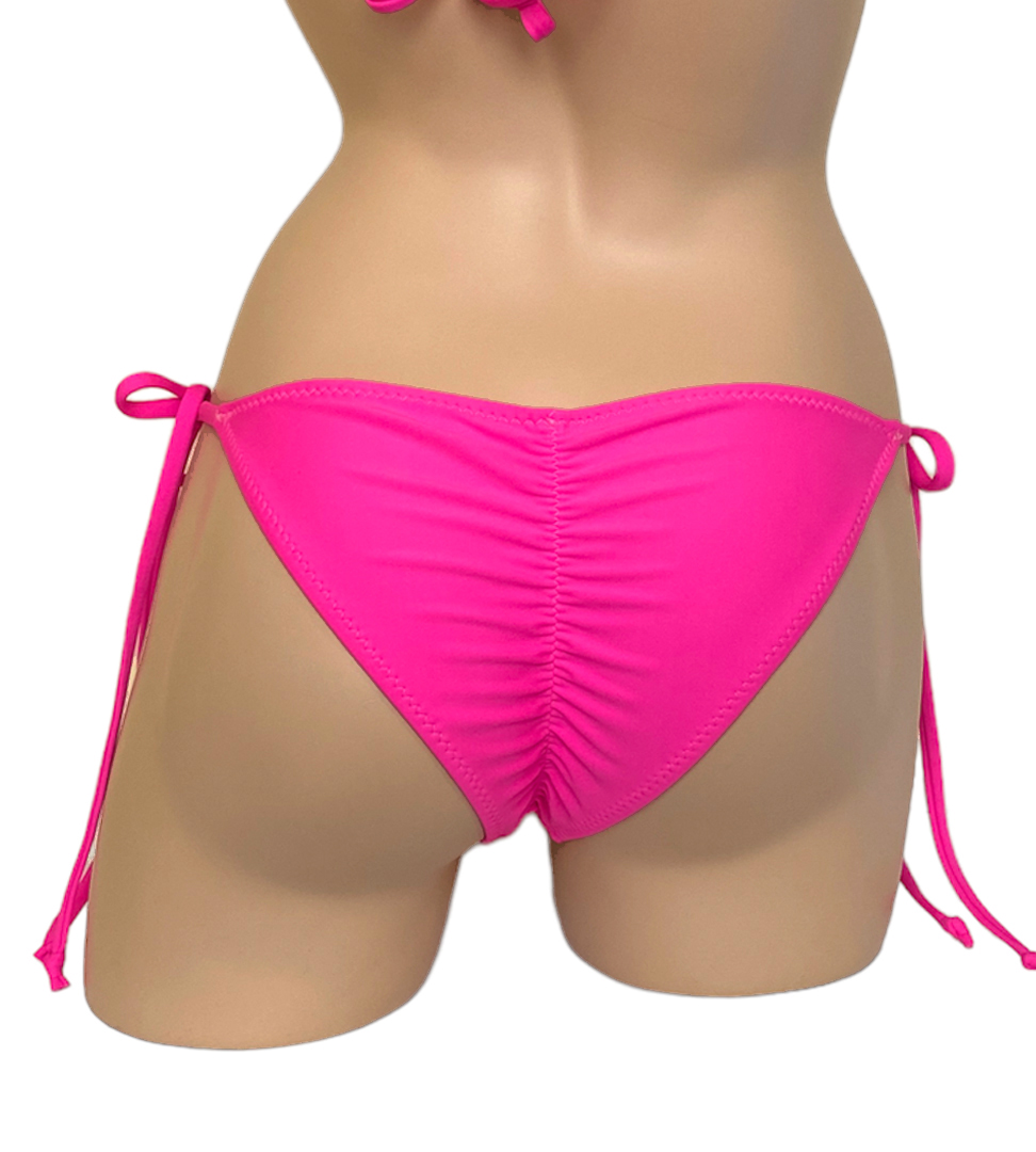 Low waist, tie side, ruched back bikini bottoms in hot pink back view