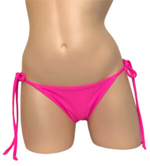 Low waist tie side ruched back bikini bottoms in hot pink front view
