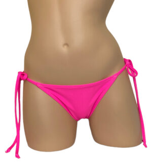 Low waist tie side ruched back bikini bottoms in hot pink front view