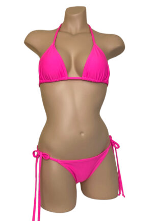 Low waist tie side ruched back bikini bottoms and triangle top in hot pink front view