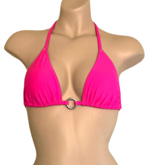 Classic triangle bikini top in hot pink with silver ring at center front view