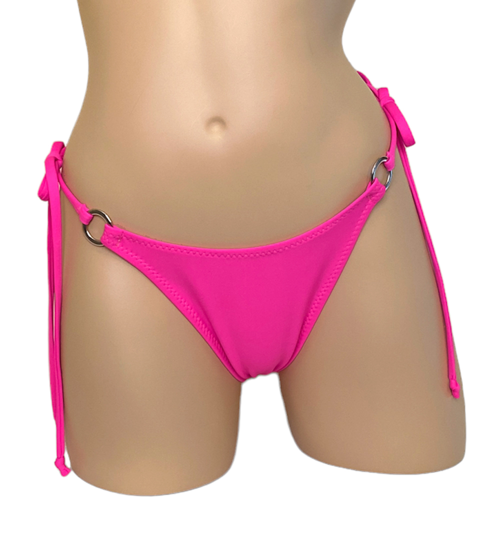 High cut, tie side, ruched back, cheeky bikini bottoms with silver side rings in hot pink front view