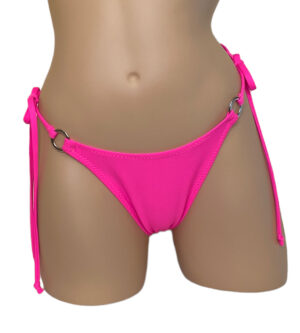 High hip, tie side, ruched back bikini bottoms with side rings in hot pink front view