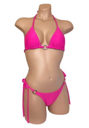 High cut, tie side, ruched back, cheeky bikini bottoms and triangle top with silver rings in hot pink front view