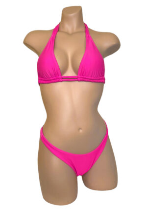 High cut cheeky bikini bottoms and double strap halter bikini top in hot pink front view