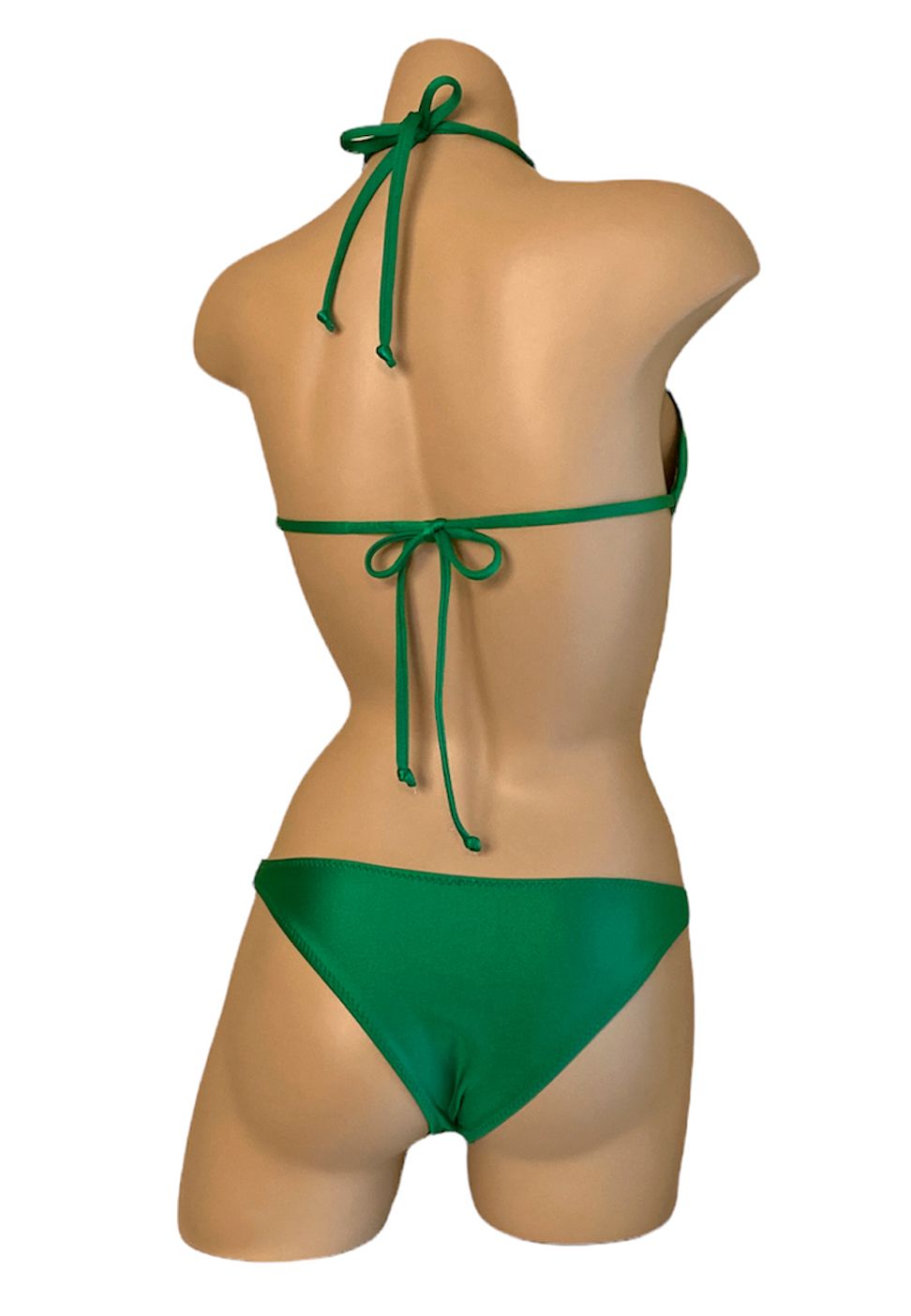 Low cut sporty bikini bottoms and triangle bikini top in kelly green back view