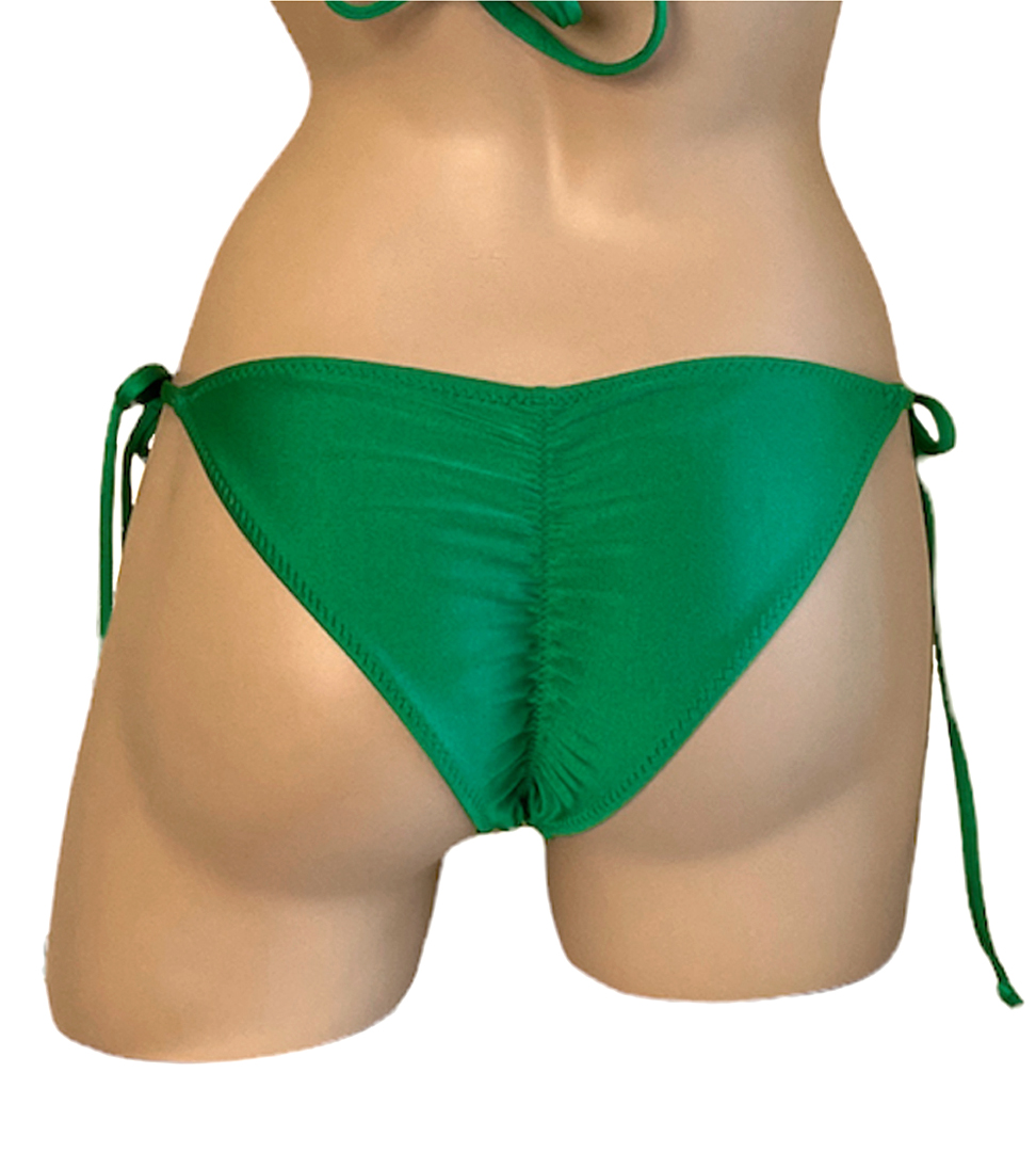 Low waist tie side ruched back bikini bottoms in kelly green back view