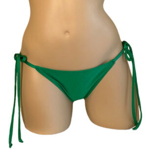 Low waist tie side ruched back bikini bottoms in kelly green front view