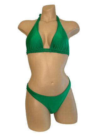 Kelly green high cut bikini bottoms with double strap halter bikini top