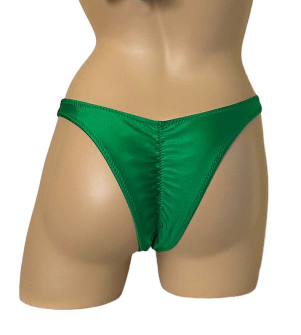 High cut ruched back bikini bottoms with silver side rings in Kelly green back view
