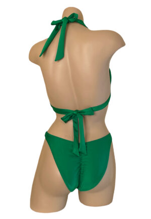 Kelly green halter bikini top and high hip ruched back bottoms back view