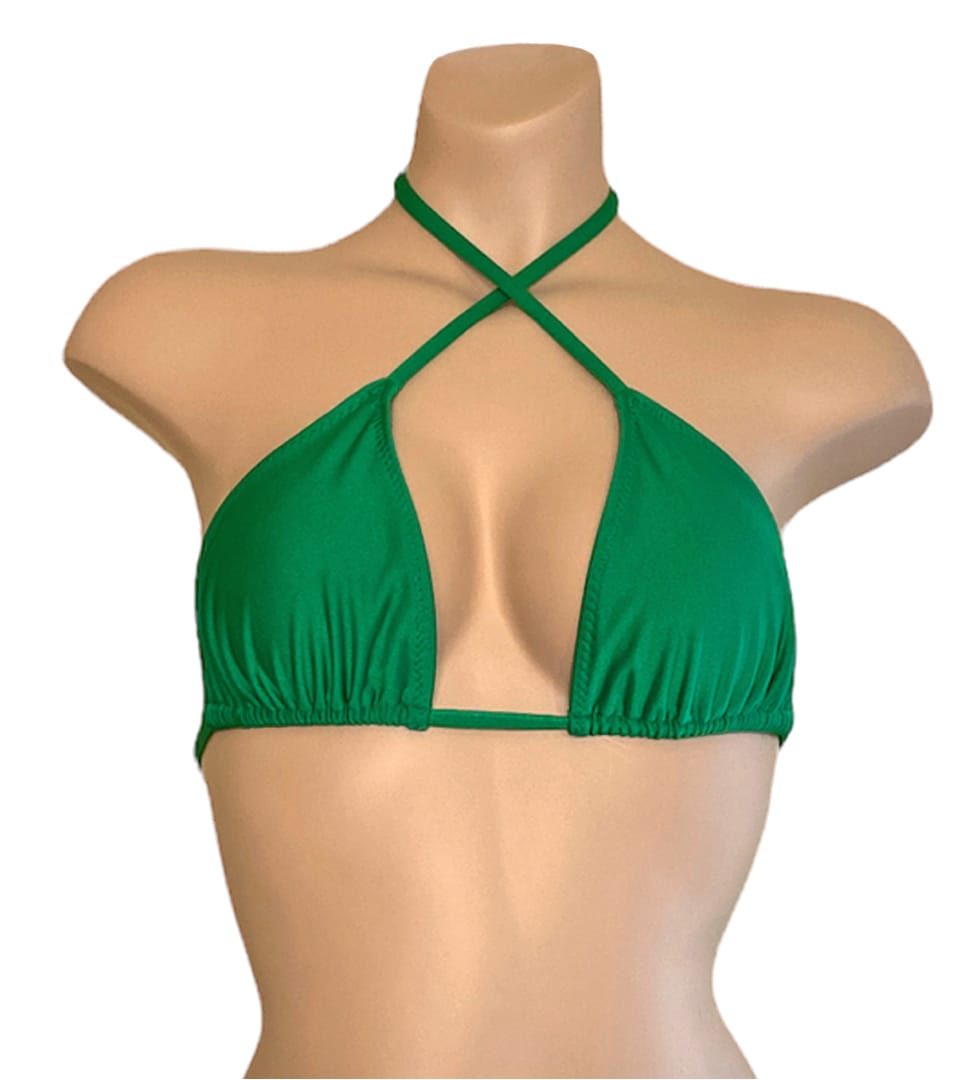 Kelly green triangle bikini top criss crossed front view