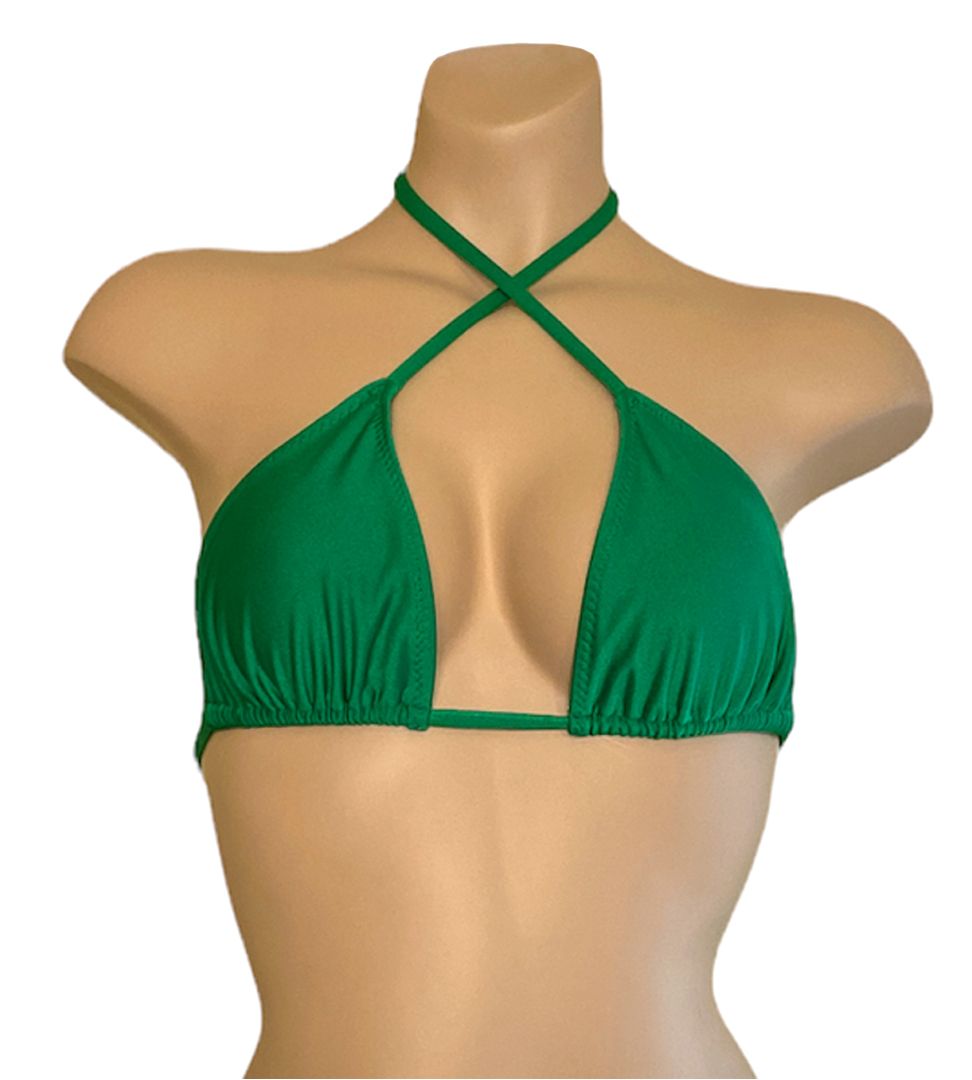 Kelly green triangle bikini top criss crossed front view
