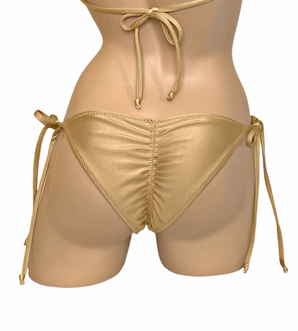 Low waist, tie side, ruched bikini bottoms in gold back view