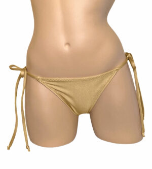 Low waist, tie side, ruched bikini bottoms in gold front view