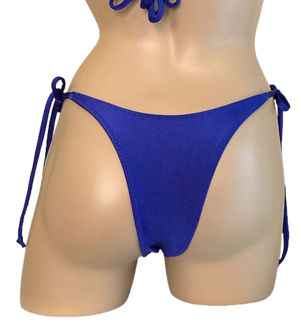 High cut tie side bikini bottoms in royal blue back view
