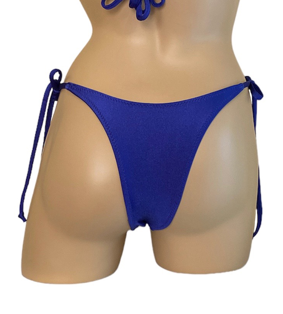 High cut tie side bikini bottoms in royal blue back view