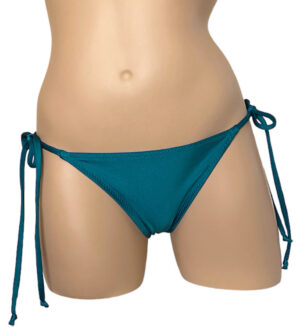 Low waist, tie side, ruched back bikini bottoms in teal front view