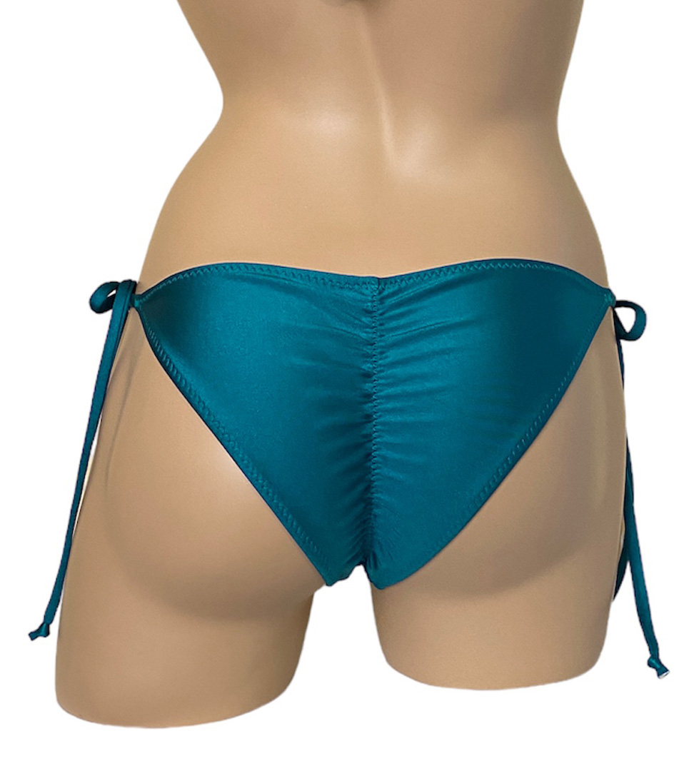 Low wasit tie side ruched back bikini botttoms in teal back view