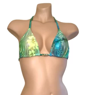 Green floral triangle bikini top with beads