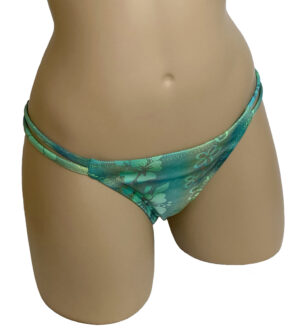 low waist double side strap ruched bikini bottoms in green halographic floral print
