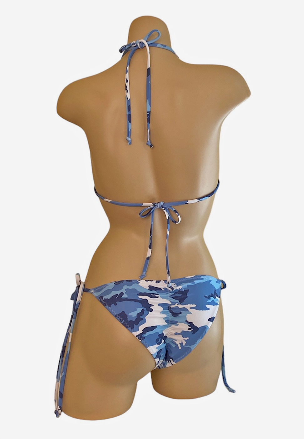 Low waist tie side ruched back cheeky bikini bottoms and triangle top in blue camo print back view