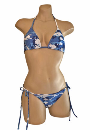 Low waist tie side ruched back cheeky bikini bottoms and triangle top in blue camo print