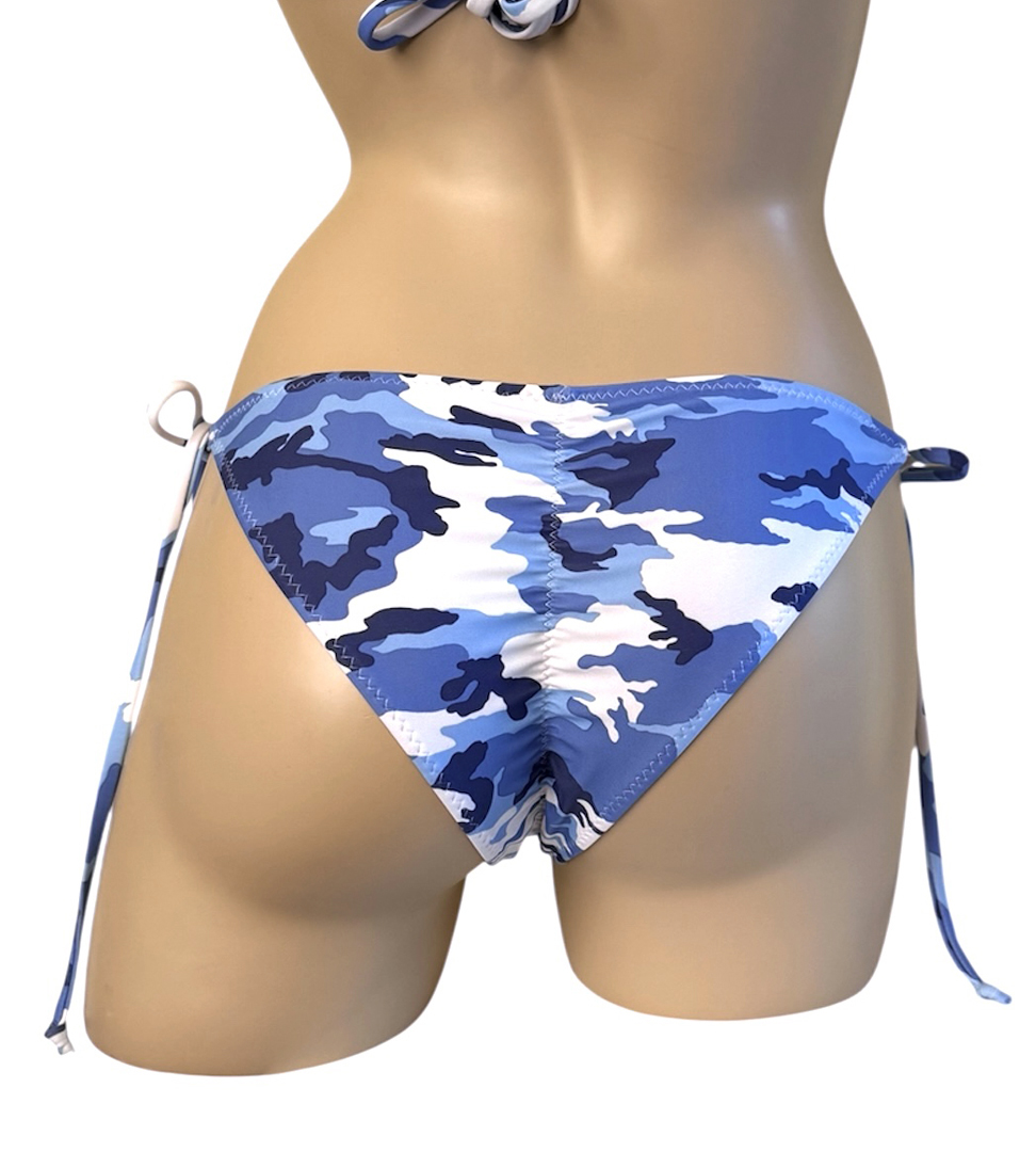 Low waist, tie side, ruched back bikini bottoms in blue camo print back view