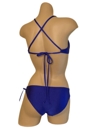 Low waist front loop tie side moderate bikini bottoms and matching loop front cross back bikni top in Royal blue back view