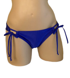 Low waist moderate coverage loop front tie side bikini bottoms in Royal blue front view