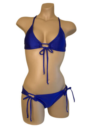 Royal blue loop tie side bikini bottoms and matching loop front cross back bikini top front view