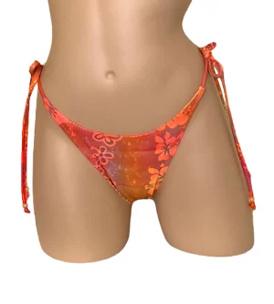 High cut tie side ruched back bikini bottoms in orange crush floral print with bead detail at strap ends