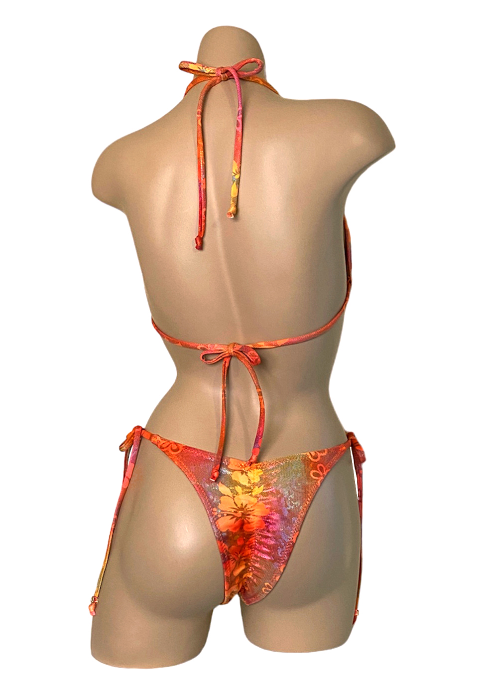 high waist tie side ruched back bikini bottoms and triangle top in orange floral print with beads back view