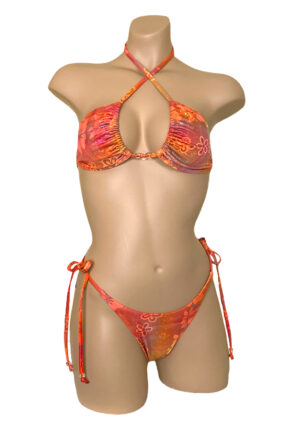 high waist tie side ruched back bikini bottoms and triangle top in orange floral print with beads front view