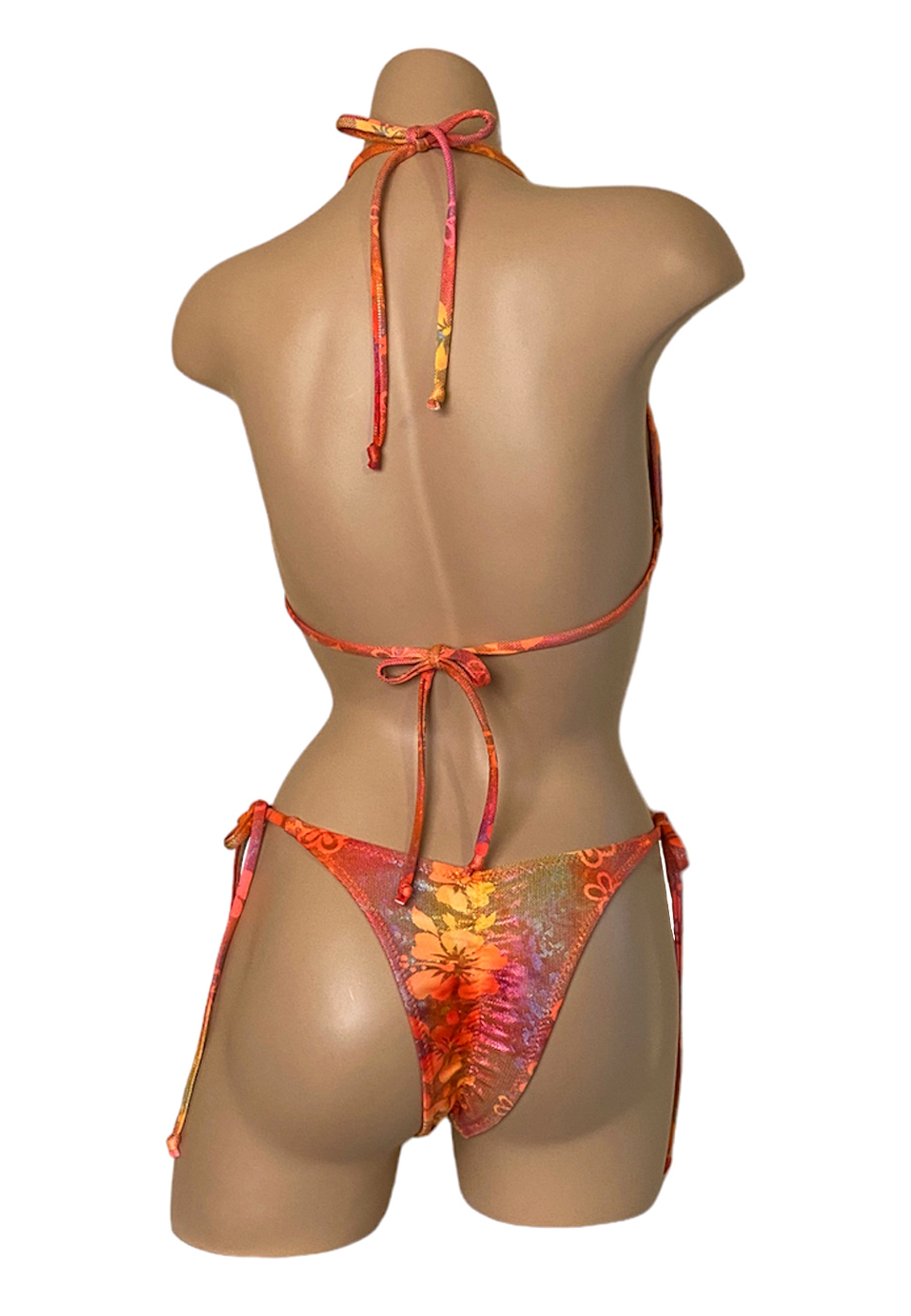 high waist tie side ruched back bikini bottoms and triangle top in orange holographic floral print back view