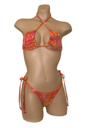 high waist tie side ruched back bikini bottoms and triangle top in orange crush floral print with beads
