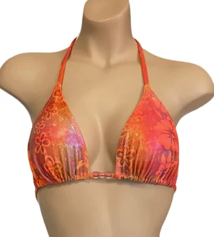 triangle bikini top in orange crush floral print with bead detail at center front
