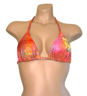 triangle bikini top in orange floral print with bead detail at center front view