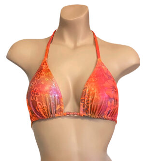 triangle bikini top in orange floral print with bead detail at center front view
