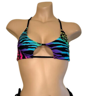 Adjustable Peek-a-boo bikini top in rainbow animal print