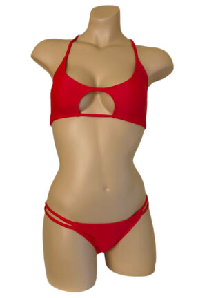 Low waist double strap sides ruched back bikini bottoms and adjustable Peek-a-boo bikini top in carmino red