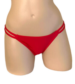 Low waist, ruched back, double strap, cheeky bikini bottoms in carmino red front view