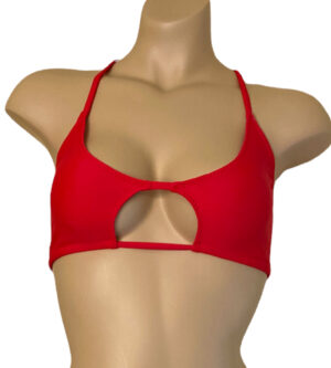 Adjustable cross back peek-a-boo bikini top in carmino red