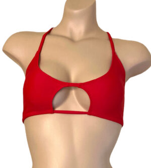 Adjustable cross back peek a boo bikini top in carmino red front view