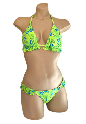 low waist ruffle sides ruched back bikini bottoms and reversible ruffle bottom triangle top in tropical lime print