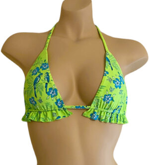 reversible tropic lime print ruffle triangle bikini top with lime on the reverse