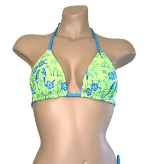 Reversible triangle bikini top in tropical lime print with turquoise on the reverse front view
