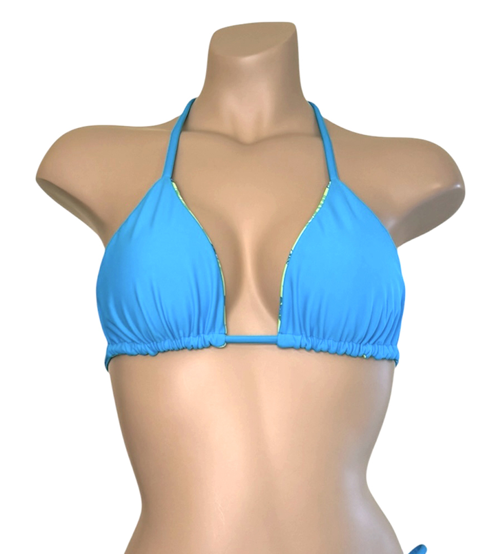 Reversible triangle bikini top in tropical lime print turquoise side front view