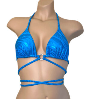 Strappy blue zebra print triangle bikini top with crystal ring at center front view